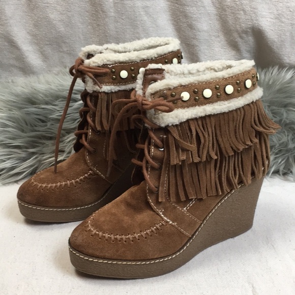 Sam Edelman Kemper Fringe Faux Fur Wedge Bootie boho western - Picture 6 of 8
